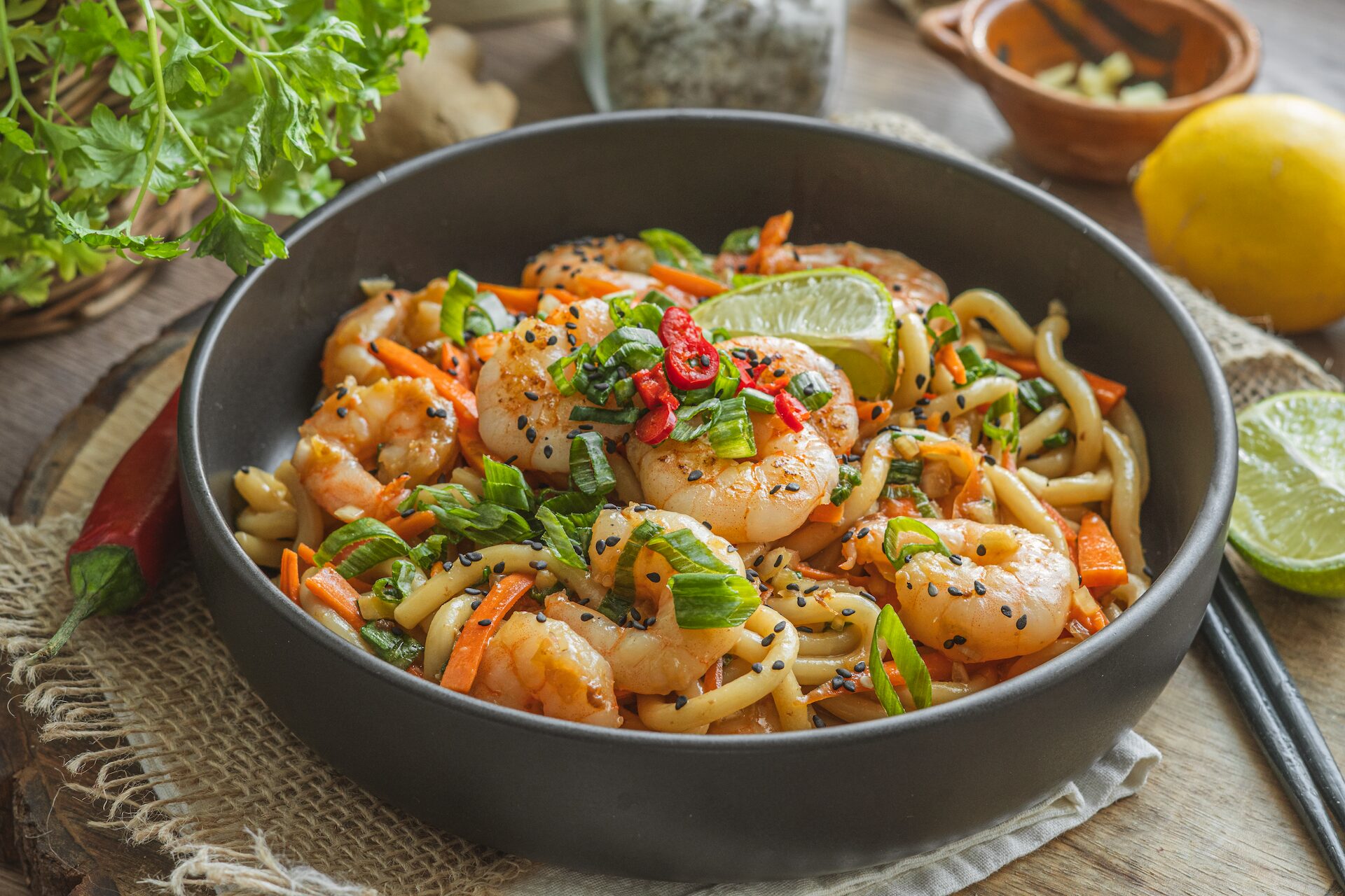 Kr&eacute;mov&eacute; udon rezance, Kr&eacute;mov&eacute; udon rezance s krevetami v miso om&aacute;čke